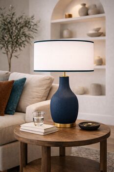 Abat-jour rond coton blanc bordure bleu pétrole