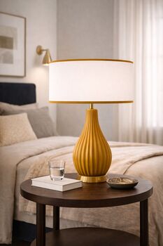 Abat-jour rond coton blanc bordure moutarde