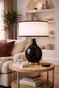 Abat-jour rond coton blanc bordure noir