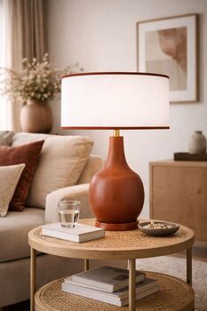 Abat-jour rond coton blanc bordure terracota