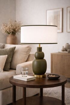 Abat-jour rond coton blanc bordure vert kaki