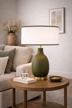 Abat-jour rond coton blanc bordure vert olive