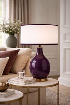 Abat-jour rond coton blanc bordure aubergine