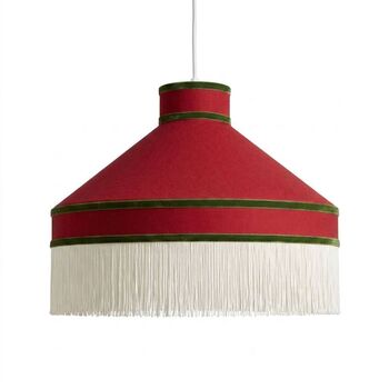Suspension conique rouge à franges et galon en velours vert – Ø 60 cm