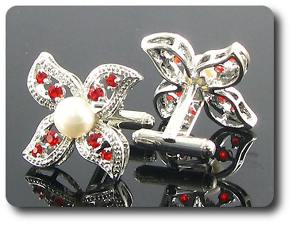 16x3 mm Red Ruby & White Pearl Cufflink for women