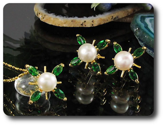 12x5mm Emerald & Pearl Pendant Earrings Set
