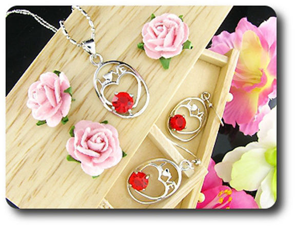 3x6mm Red Ruby Pendant Earrings Set