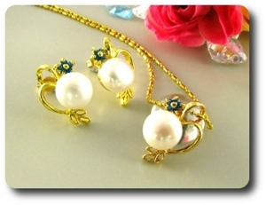 15x2mm Blue Sapphire & Pearl Pendant Earrings Set