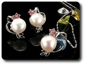 15x2mm Pink Sapphire & Pearl Pendant Earrings Set
