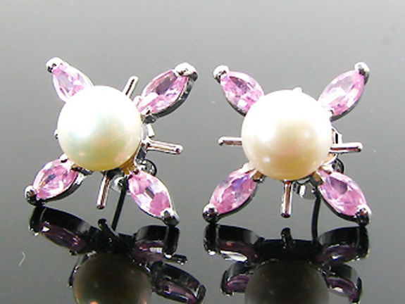 12x5mm Pink Sapphire & Pearl Pendant Earrings Set