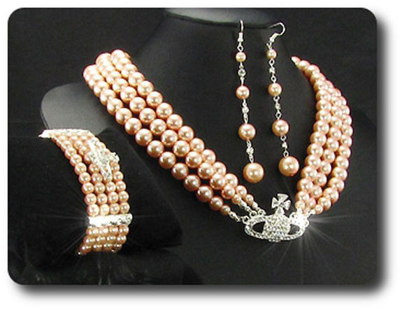 224x6~12mm Pearl + Created Diamond Necklace Bracelet Earrings Set