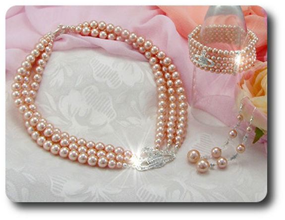 224x6~12mm Pearl + Created Diamond Necklace Bracelet Earrings Set