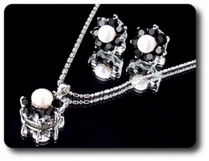 21x5mm Black Sapphire & Pearl Pendant Earrings Set