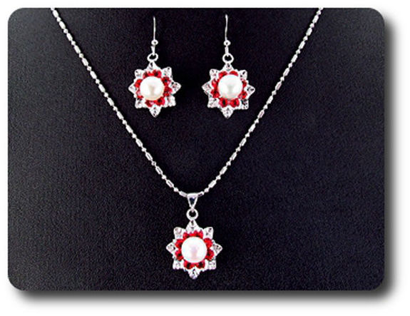 24x3mm Red Ruby & Pearl Pendant Earrings Set