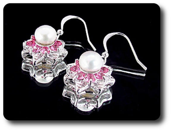 24x3mm Pink Sapphire & Pearl Pendant Earrings Set