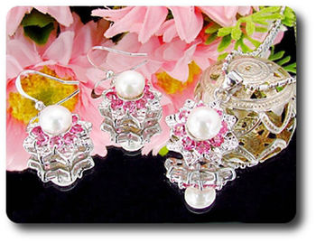 24x3mm Pink Sapphire & Pearl Pendant Earrings Set