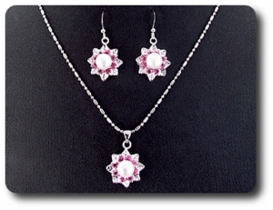 24x3mm Pink Sapphire & Pearl Pendant Earrings Set