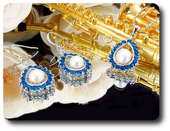 41x3mm Blue Sapphire & Pearl Pendant Earrings Set