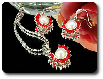 36x3mm Red Ruby & Pearl Pendant Earrings Set