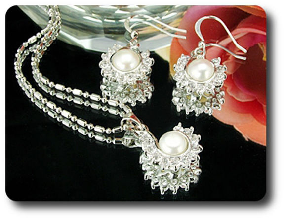 36x3mm White Topaz & Pearl Pendant Earrings Set