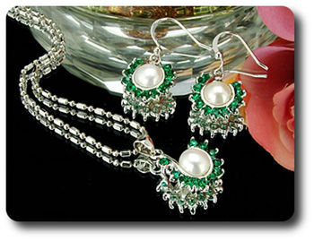 36x3mm Green Emerald & Pearl Pendant Earrings Set