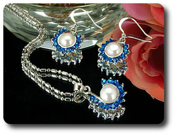 36x3mm Blue Sapphire & Pearl Pendant Earrings Set
