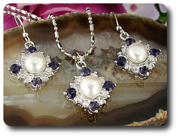 36x3mm Purple Amethyst & Pearl Pendant Earrings Set