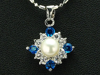 36x3mm Blue Sapphire & Pearl Pendant Earrings Set