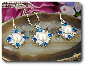 36x3mm Blue Sapphire & Pearl Pendant Earrings Set