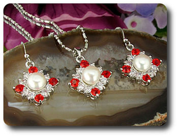 36x3mm Red Ruby & Pearl Pendant Earrings Set