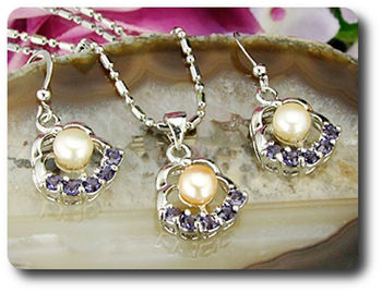 15x3mm Purple Amethyst & Pearl Pendant Earrings Set