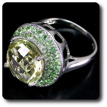 BAGUE QUARTZ JAUNE & GRENAT TSAVORITE