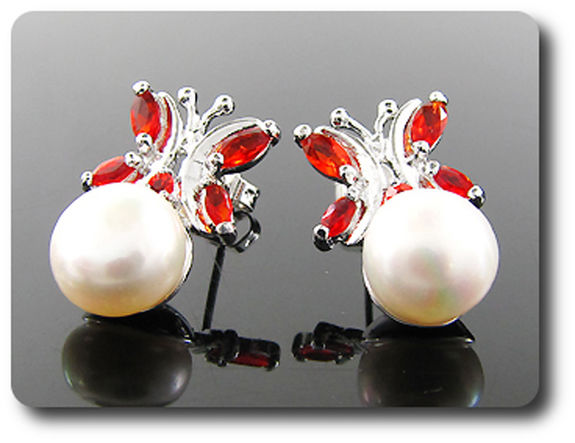 3x9 mm Pearl  & Red Ruby Pendant Earrings Set