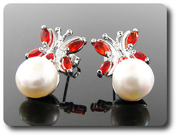 3x9 mm Pearl  & Red Ruby Pendant Earrings Set