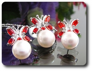 3x9 mm Pearl  & Red Ruby Pendant Earrings Set