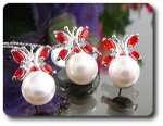 3x9 mm Pearl  & Red Ruby Pendant Earrings Set