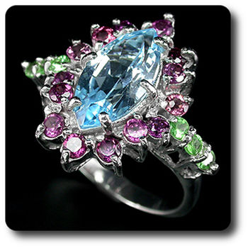 BAGUE TOPAZE BLEU, GRENAT TSAVORITE & GRENAT RHODOLITE ROSE