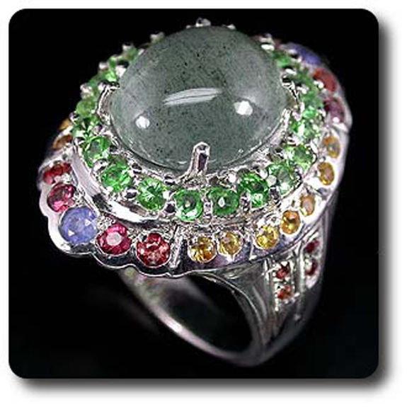 AQUAMARINE CATS EYE, TSAVORITE GARNET & FANCY SAPPHIRE RING