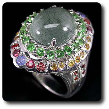 AQUAMARINE CATS EYE, TSAVORITE GARNET & FANCY SAPPHIRE RING