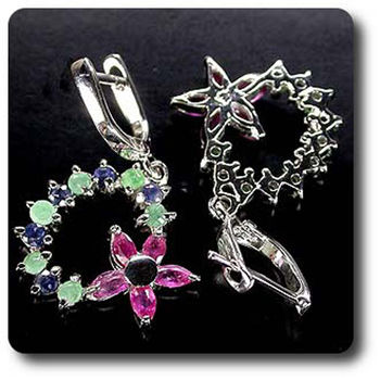 BOUCLES D'OREILLE EMERAUDE RUBIS & SAPHIR