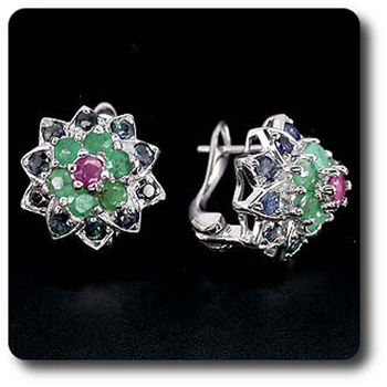 BOUCLES D'OREILLE EMERAUDE RUBIS & SAPHIR