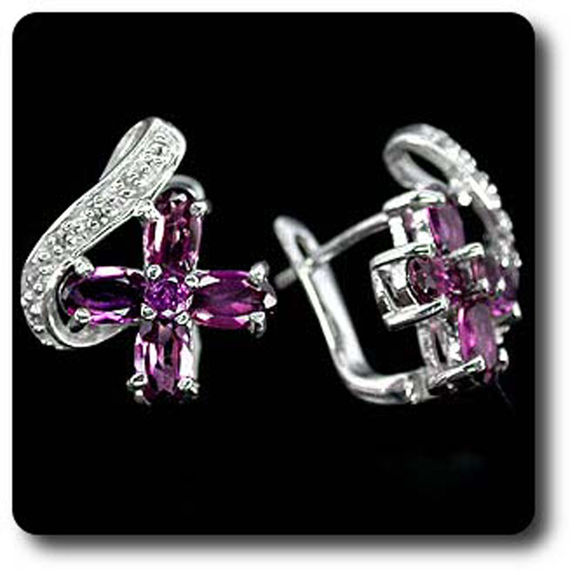 BOUCLES D'OREILLE GRENAT RHODOLITE ROSE & TOPAZE BLANCHE