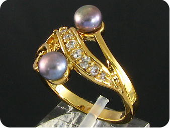 2x6mm Black Cultured Pearl White Topaz Gold Ring