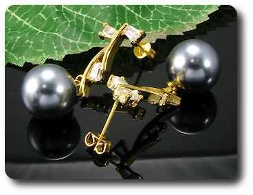2x12mm Black Fresh Water Pearl Topaz Gold Earrings