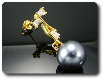 2x12mm Black Fresh Water Pearl Topaz Gold Earrings
