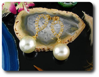 2x12mm White Fresh Water Pearl Topaz Gold Earrings