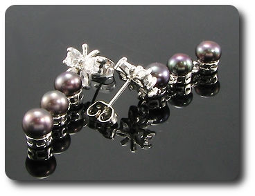 6x6mm Black Fresh Water Pearl White Topaz Earrings