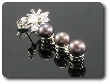 6x6mm Black Fresh Water Pearl White Topaz Earrings