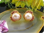 2x9mm Creamy Fresh Water Pearl Red Ruby Gold Earrings