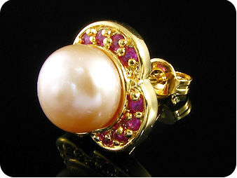 2x9mm Creamy Fresh Water Pearl Red Ruby Gold Earrings